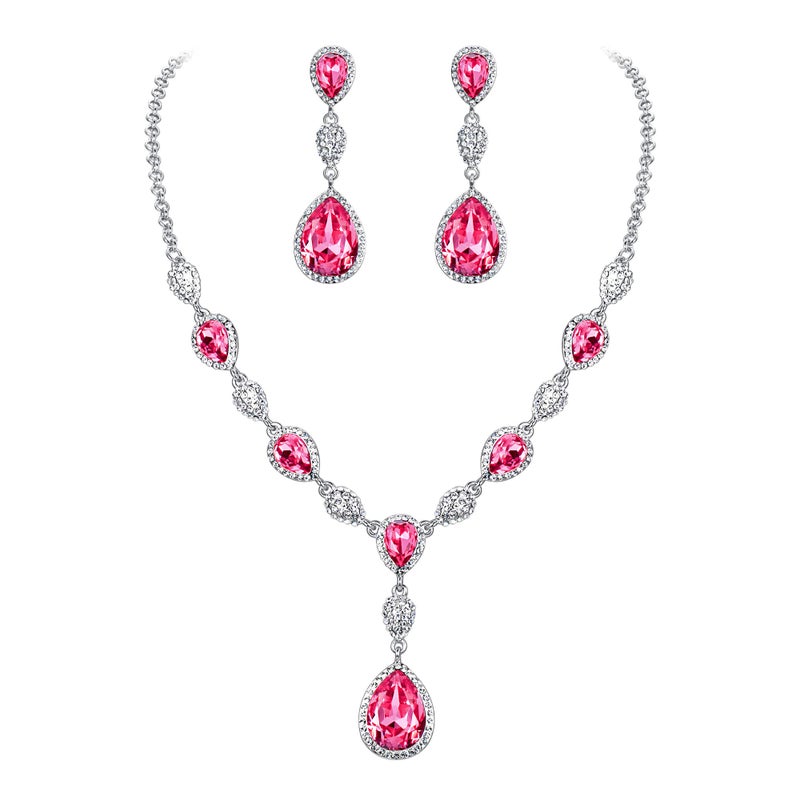 EleQueen Women's Cubic Zirconia Teardrop Y-Necklaces Dangle Earrings Sets for Brides Bridesmaids Pink Clear-Tone - Image 1